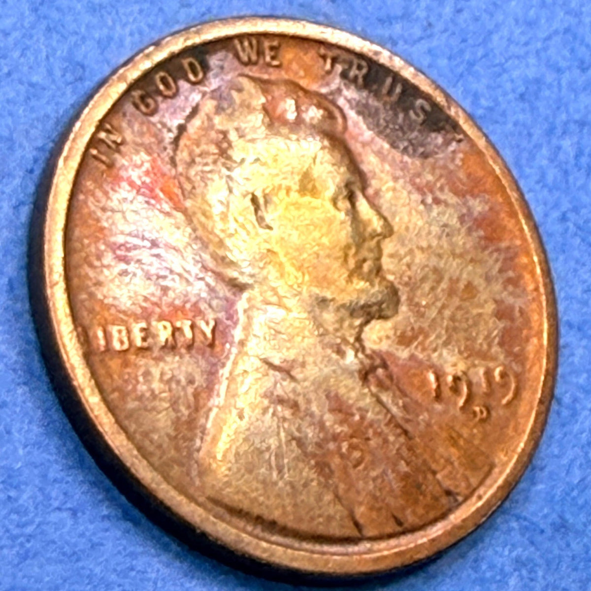 1919-D Lincoln Wheat Cent 1C VG Wild Rainbow Toning Gold Magenta Blue US Penny