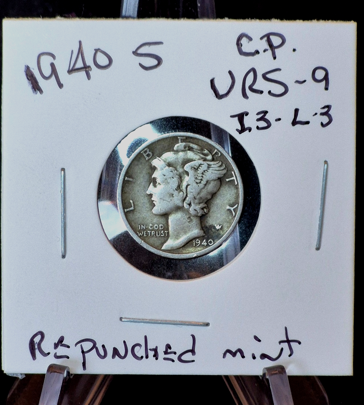 1940-S Mark Mercury 90% Silver Dime VF+ Features, FS 501 RPM Re-punched Mint 10C