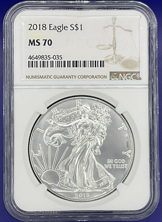 2018 American Silver Eagle ASE $1 NCG MS 70 Brown Scales Label Shiny White Coin