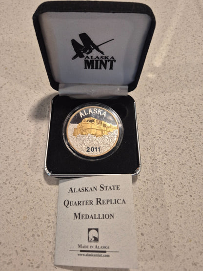 2011 Alaska Mint 1 Oz Silver coin .999 Fine /24 KT Gold Relief Commem Alaska RR