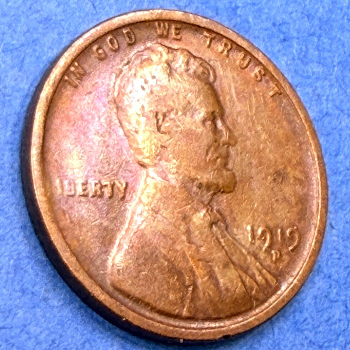 1919-D Lincoln Wheat Cent 1C VF Rainbow Toned Penny Golden Rose Toning US Coin