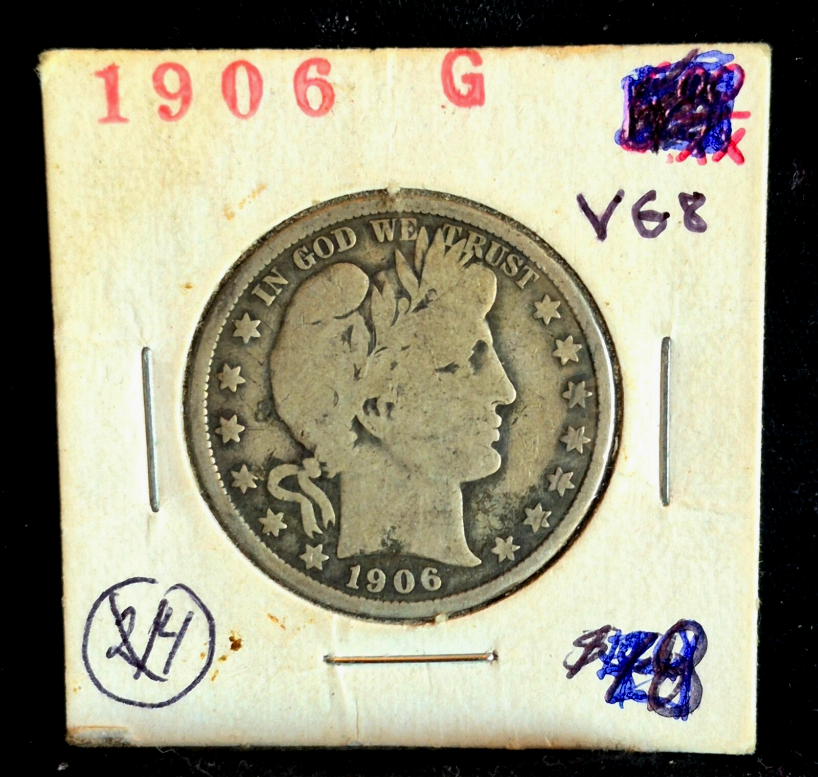 1906 Barber Half Dollar 90% Silver Nice Rims VG-F Features in a Vintage Flip 50C