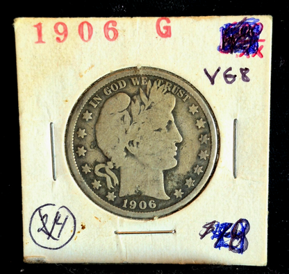 1906 Barber Half Dollar 90% Silver Nice Rims VG-F Features in a Vintage Flip 50C