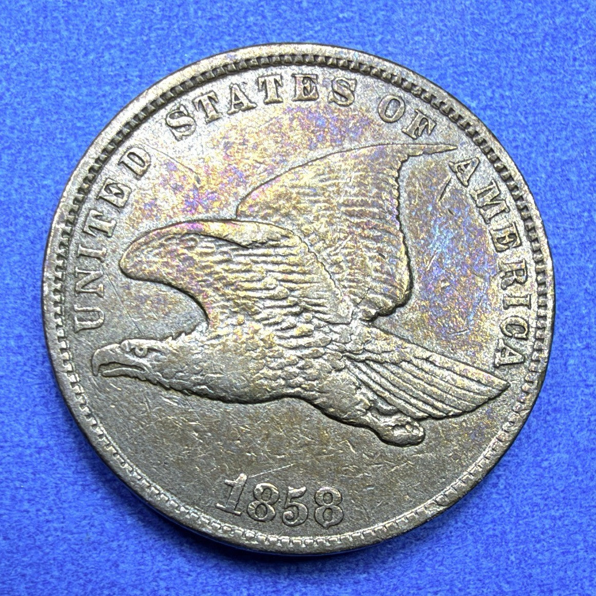 1858 Flying Eagle Cent XF Rainbow Toner Purple Gold Large Letters Low Leaves?