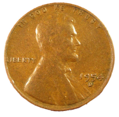 1954 D Lincoln Cent Good - Very Good  (G-VG) Circulated Condition Copper Penny