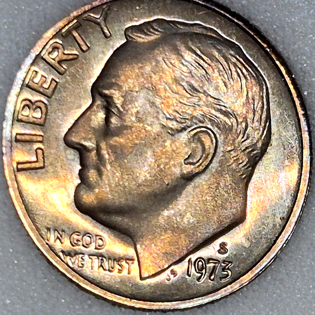 1973-S Roosevelt Dime Proof Toned San Francisco Mint US 10C Clad Coin