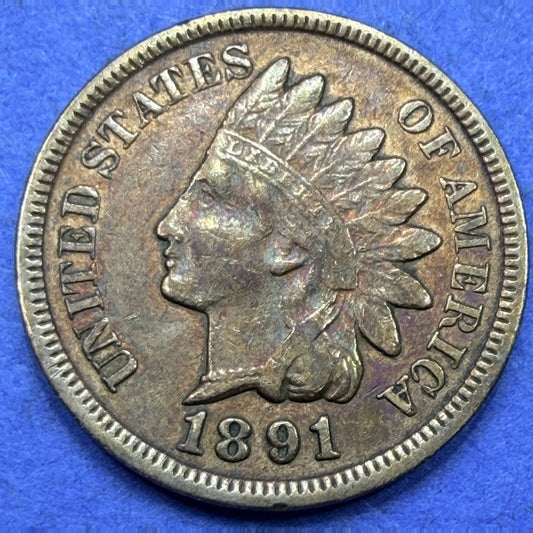 1891 Indian Head Cent 1C VF Very Fine Iridescent Toned Purple Blue Gold Penny