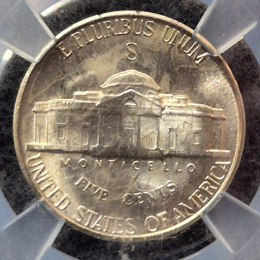 1944-S Jefferson War Nickel NGC MS65 Trader Bea Purple Core 35% Silver WWII 5C