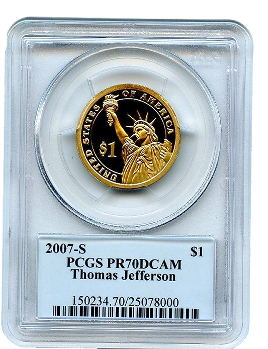2007 S $1 Thomas Jefferson Dollar PCGS PR70DCAM 3rd USA Presidential Photo Label