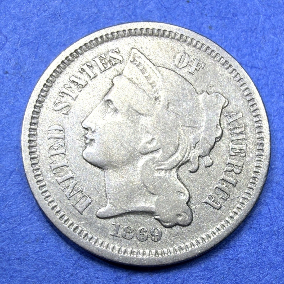 1869 Three Cent Nickel 3C Ungraded VF XF Bold III Pillars 19th Century Type Coin