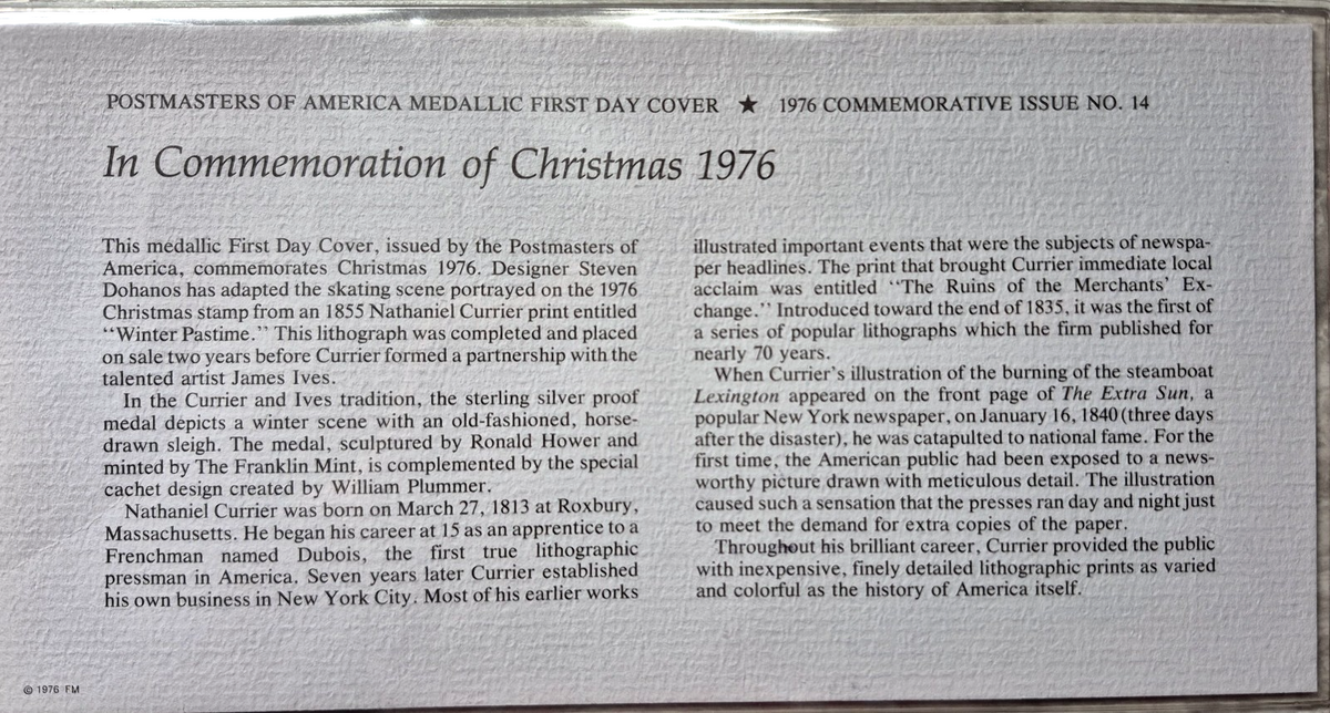 1976 Postmasters of America Christmas Sterling Silver Proof Medal FDC Set