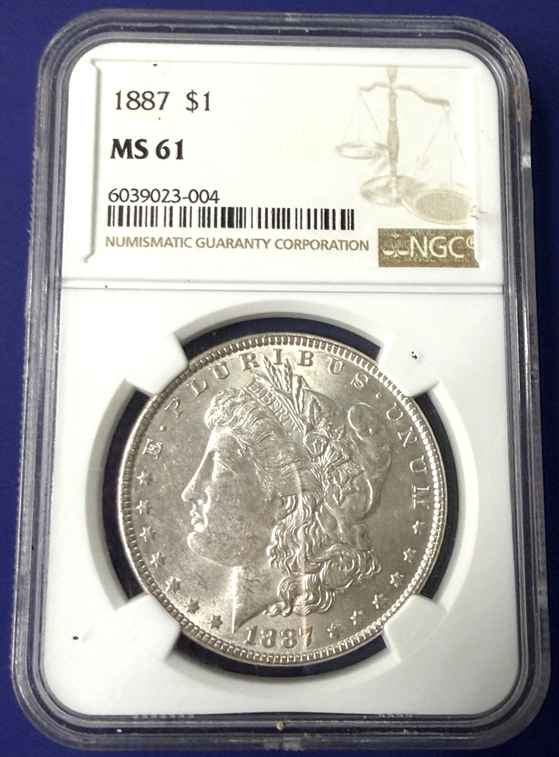 1887 Morgan 90% Silver $1 Dollar NGC Graded MS 61 Bright White Coin