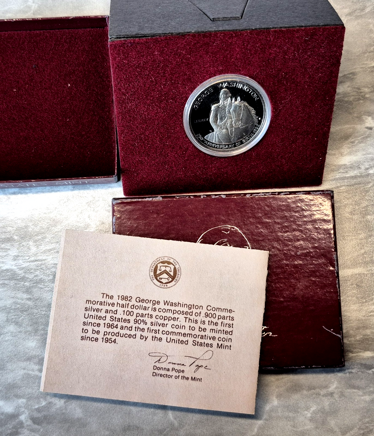 1982-S George Washington 250th Anniversary Proof 90% Silver Half Dollar OGP COA