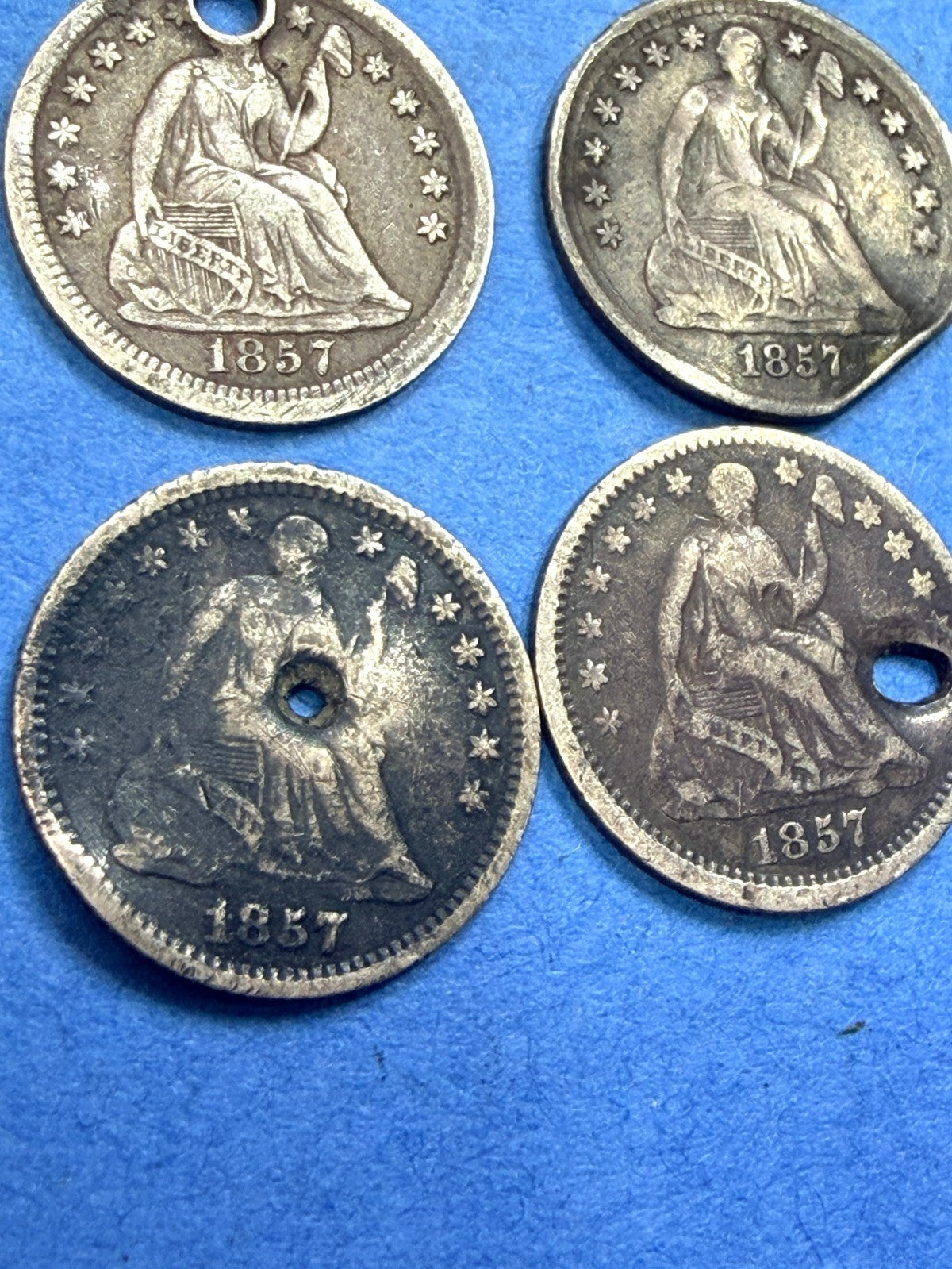 LOT of 4 1857 Seated Liberty Half Dime 90% Silver Holed Clipped Hole Fillers