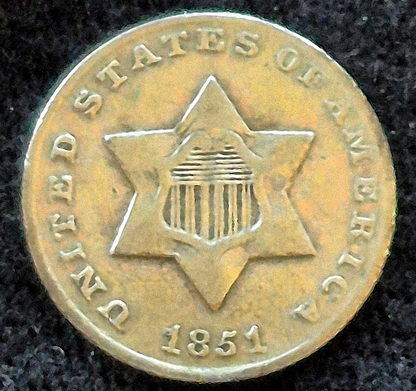 1851 Three Cent Silver Trime 3C First Year, Type 1, VF+ Features Toner See Video