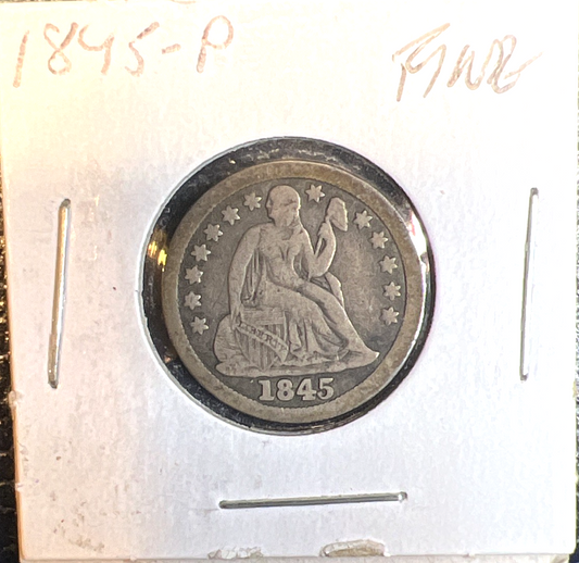 1845 Liberty Seated Dime 90% Silver 10c Coin Full Liberty Fine - Very Fine