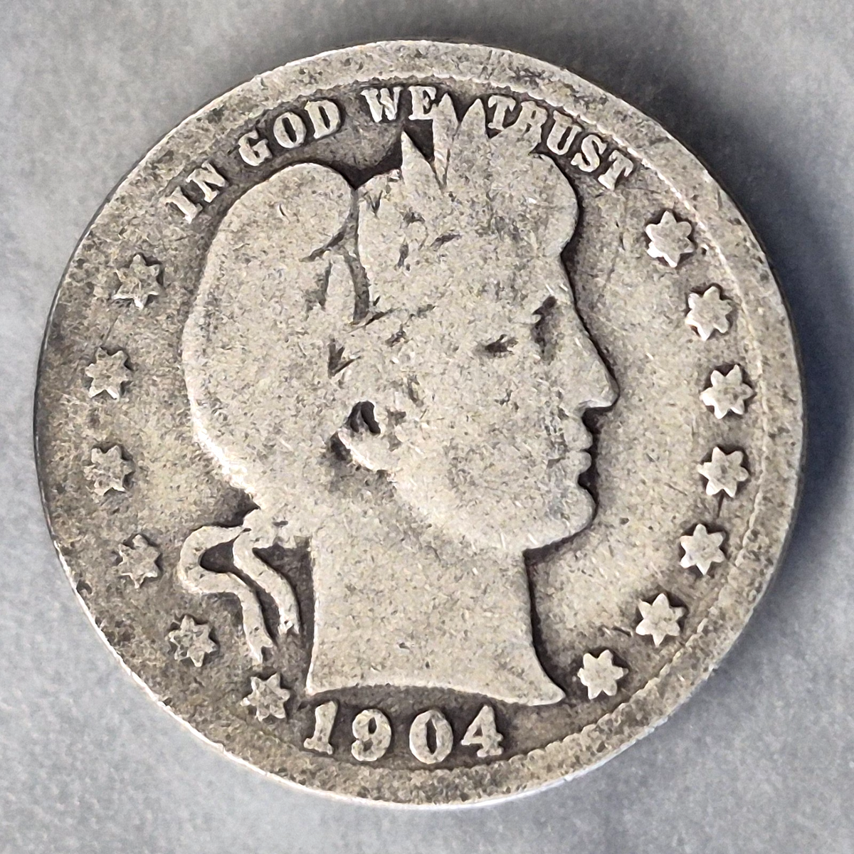 1904 Barber Liberty Head Quarter 25C 90% Silver Philadelphia US Coin Good