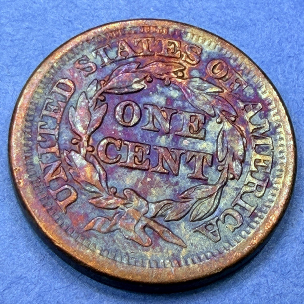 1854 Braided Hair Large Cent 1C XF Super Rainbow Toner Blue Peach Purple Toning
