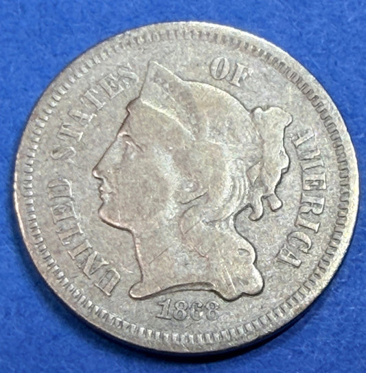1868 Three Cent Nickel 3C F Fine Liberty Head Philadelphia Mint US Coin