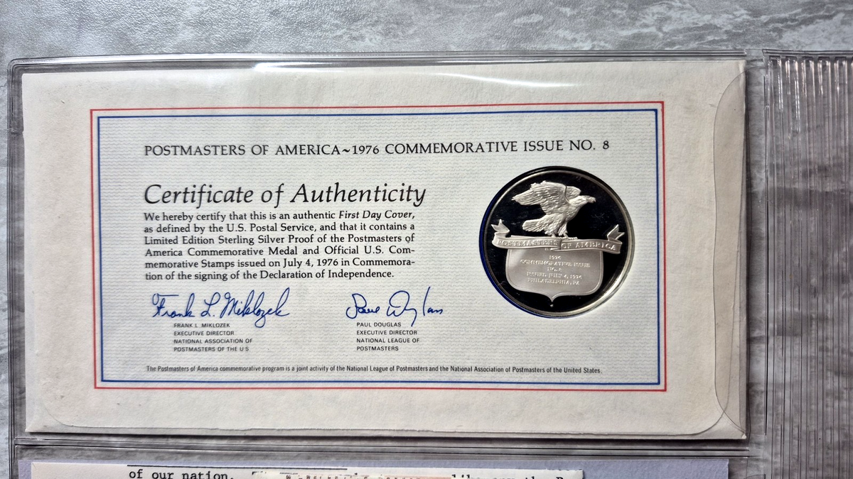 1976 Postmasters of America Declaration of Independence Sterling Proof Medal FDC