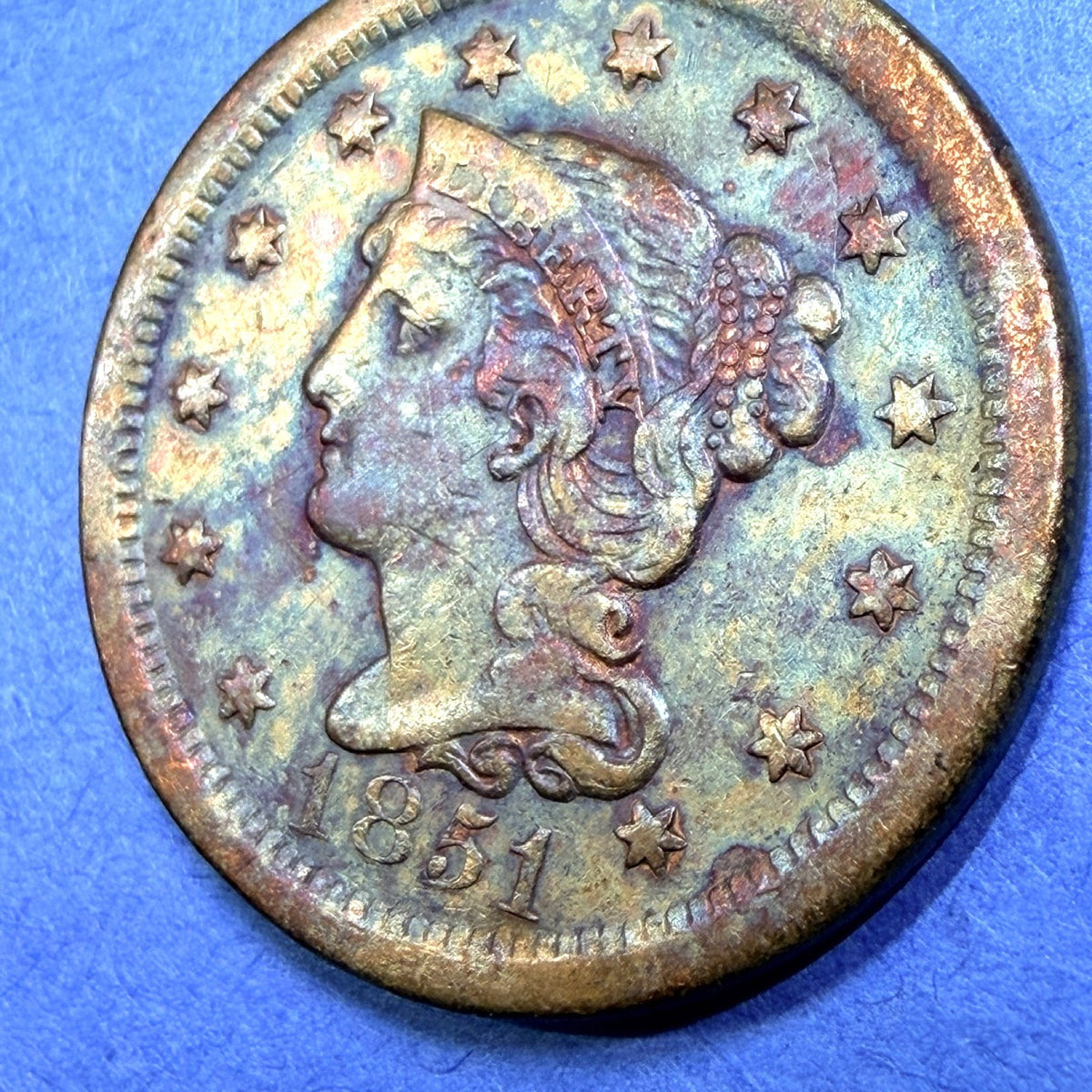1851 Braided Hair Large Cent 1C AU Rainbow Toned Super Toner Copper US Coin