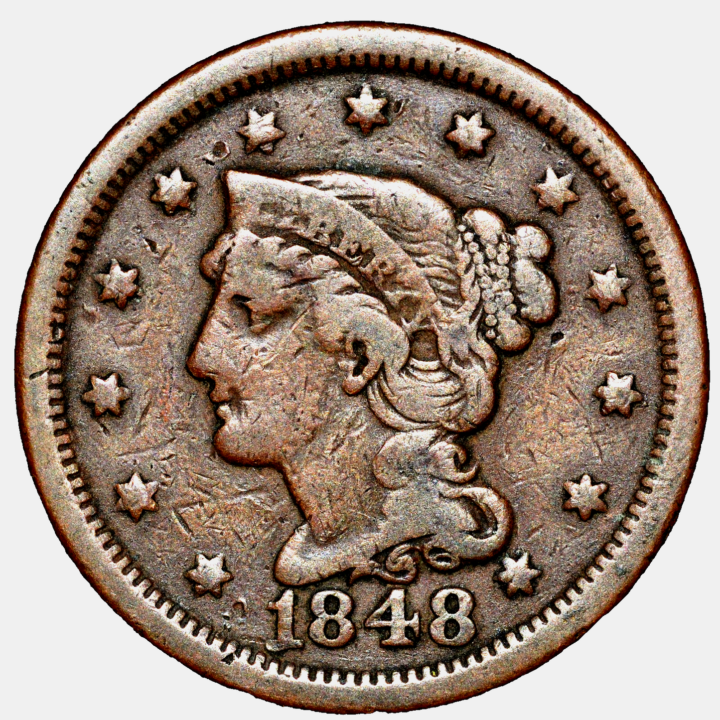 1848 1C BN Braided Hair Cent N31 R3 GSID 1138 Fine-Very Fine Features