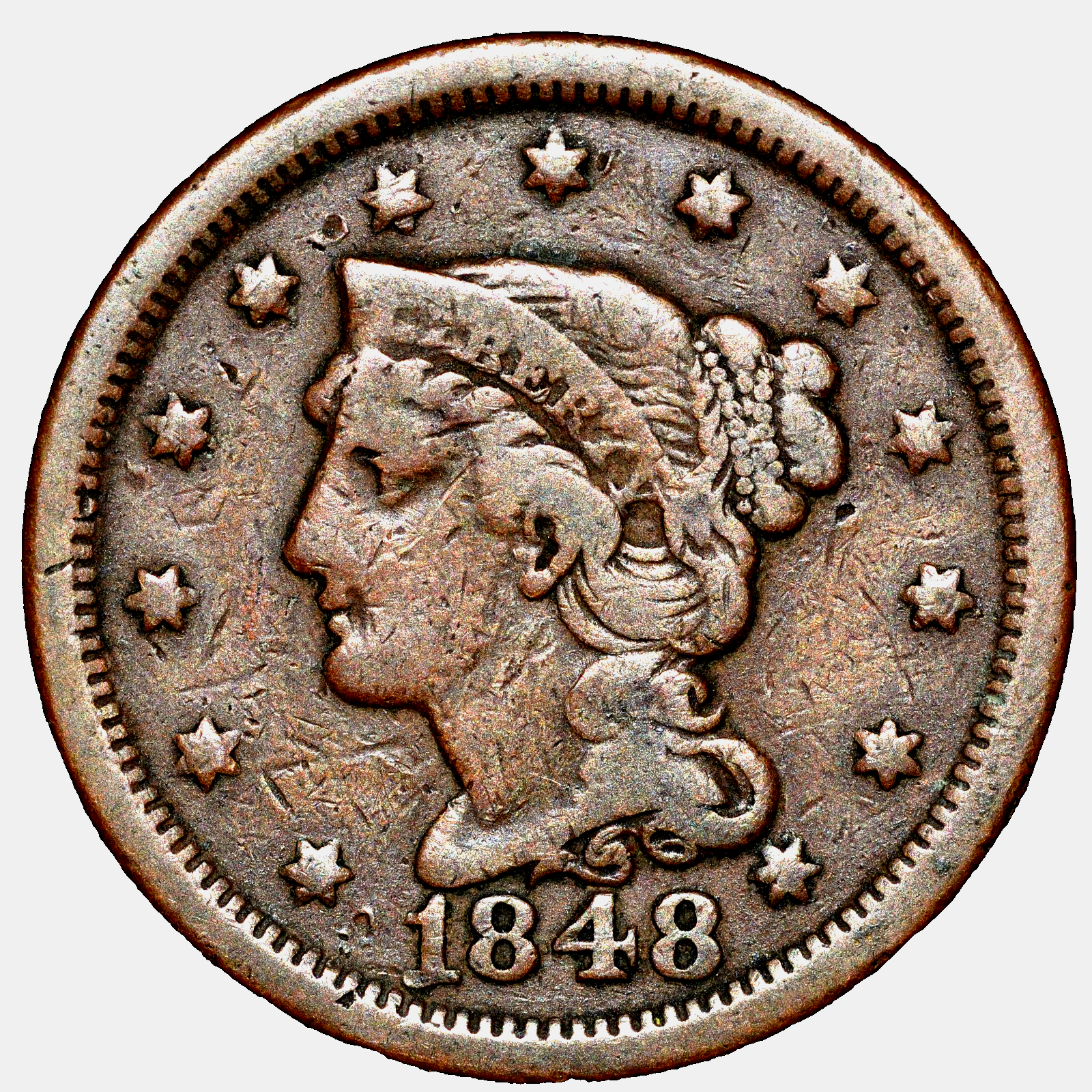 1848 1C BN Braided Hair Cent N31 R3 GSID 1138 Fine-Very Fine Features