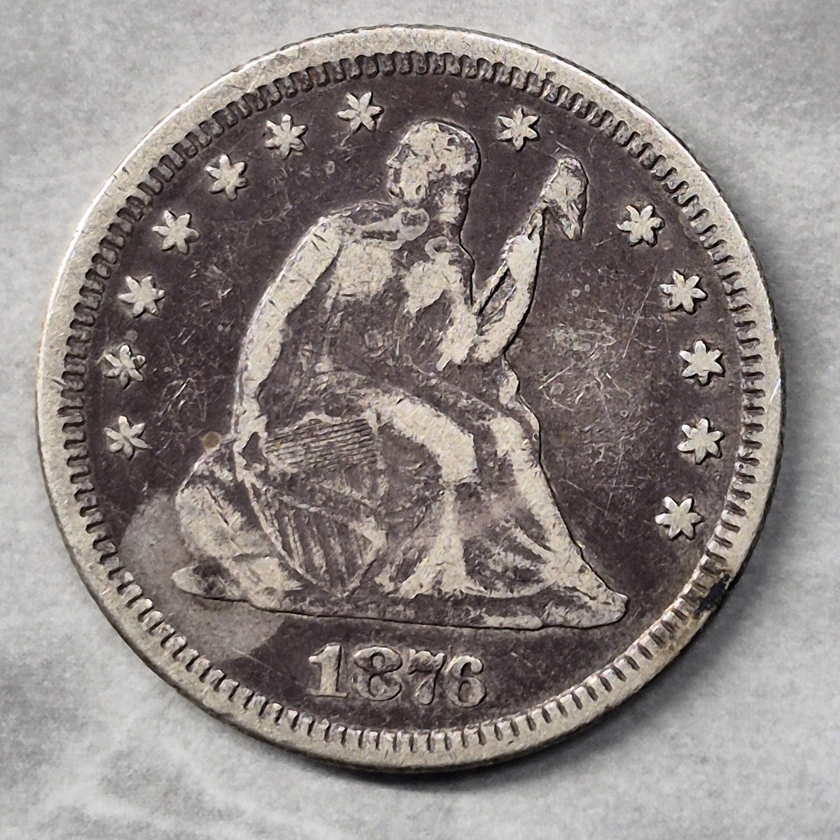 1876 Seated Liberty Quarter 25C 90% Silver Centennial Year With Motto Good+
