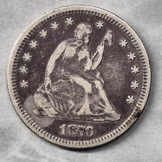 1876 Seated Liberty Quarter 25C 90% Silver Centennial Year With Motto Good+