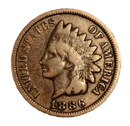 1886 Indian Head Penny Cent, Scarcer Type-2 Variety, Crisp VG-F Features 1C