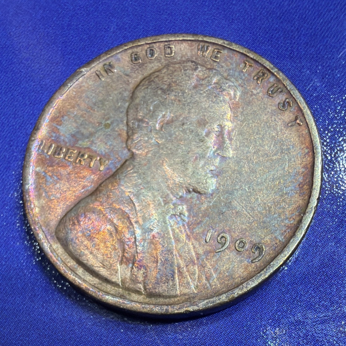 1909 Lincoln Wheat Cent 1C XF-AU Rainbow Toned Brown US Coin Philadelphia