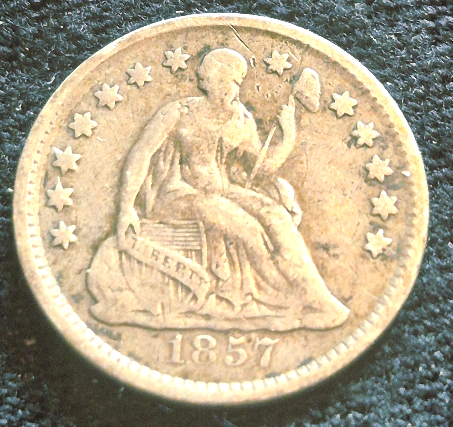 1857 Liberty Seated Half Dime 90% Silver Variety 2, F-VF Features
