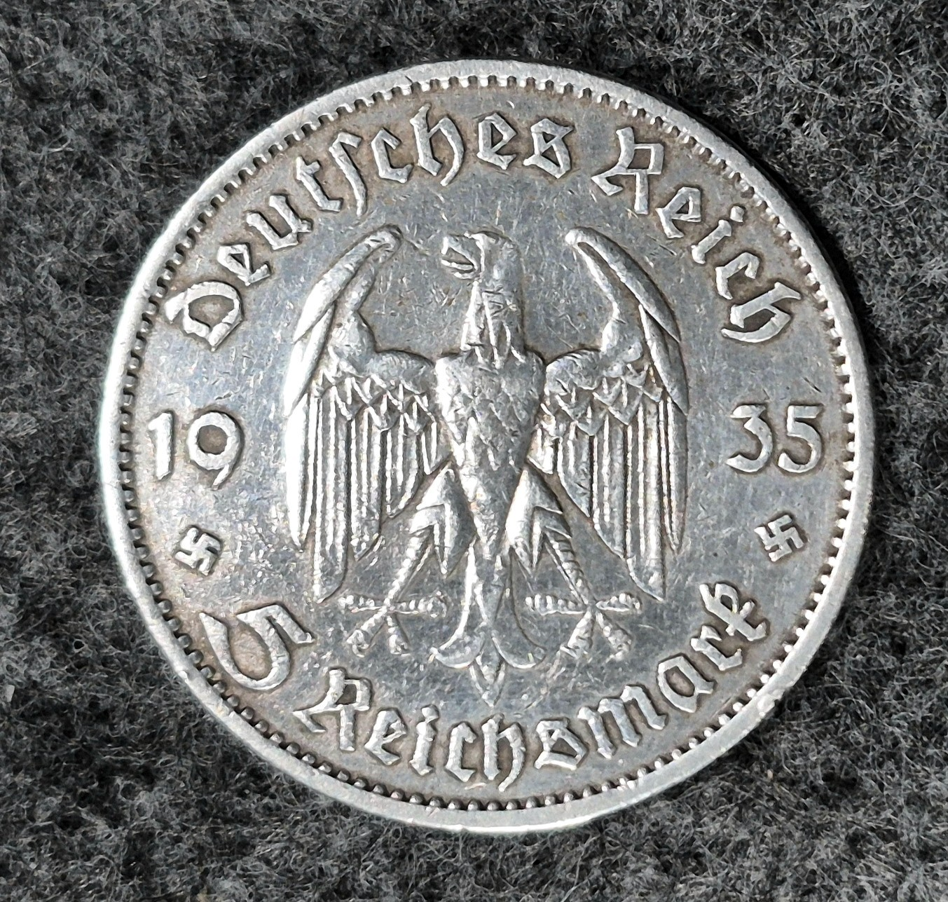 1935-A Germany Historic Third Reich 5 Reichsmark .90 Silver Lettered Edge