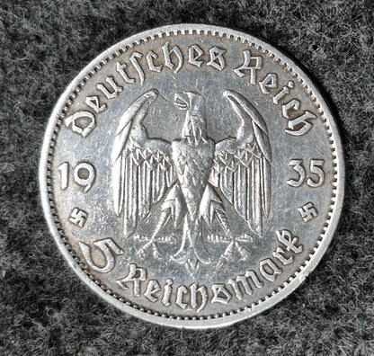 1935-A Germany Historic Third Reich 5 Reichsmark .90 Silver Lettered Edge
