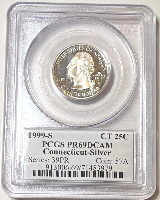 ✅ 1999-S Connecticut 90% SILVER Washington Quarter ~ PCGS PR69DCAM State Flag