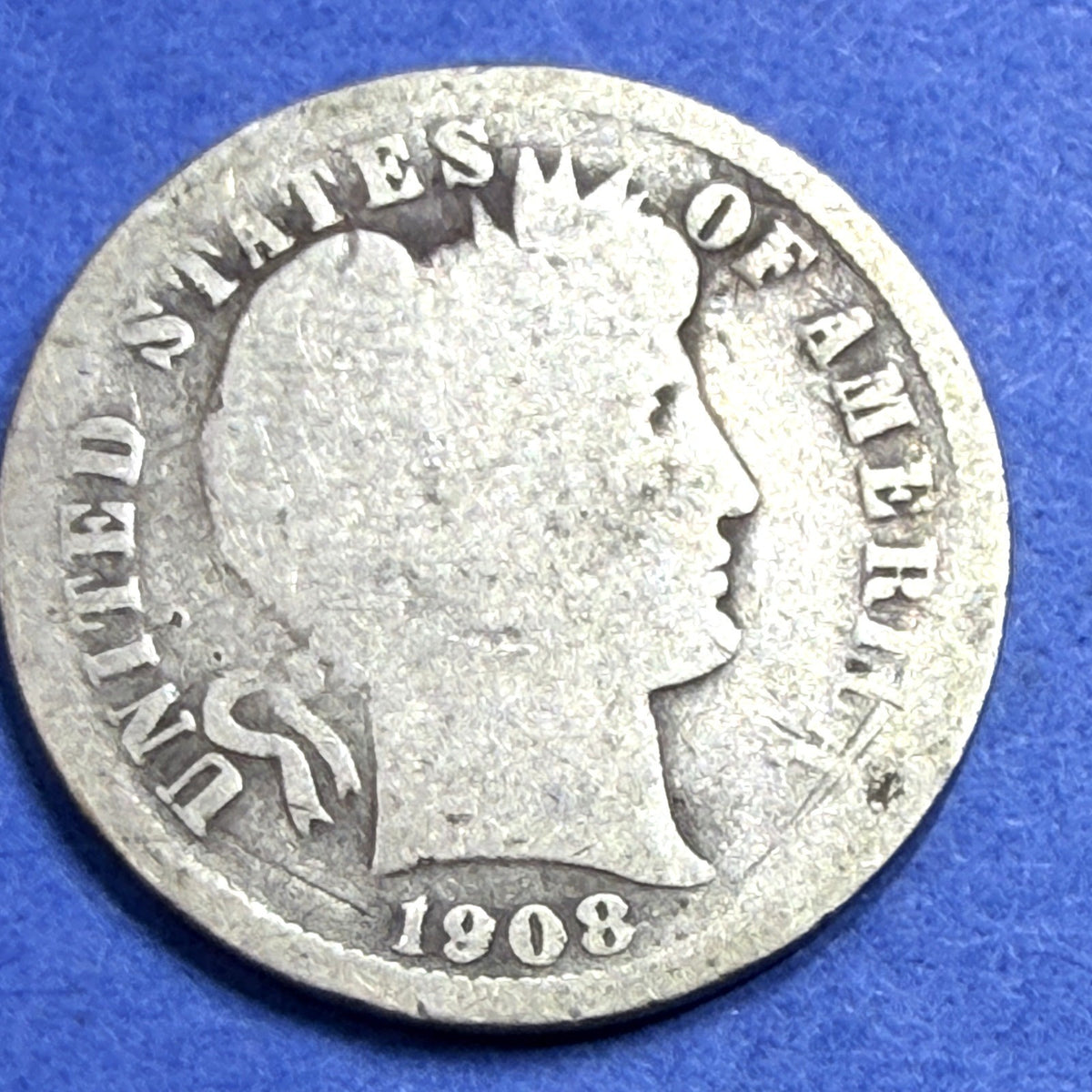 1908 Barber Dime 10C G Good 90% Silver Philadelphia Liberty Head Antique US Coin