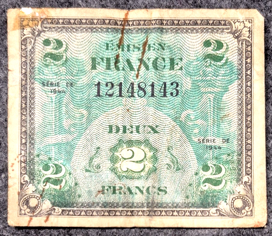 1944 France 2 Francs Allied Military Currency WWII Flag Banknote Emis en France