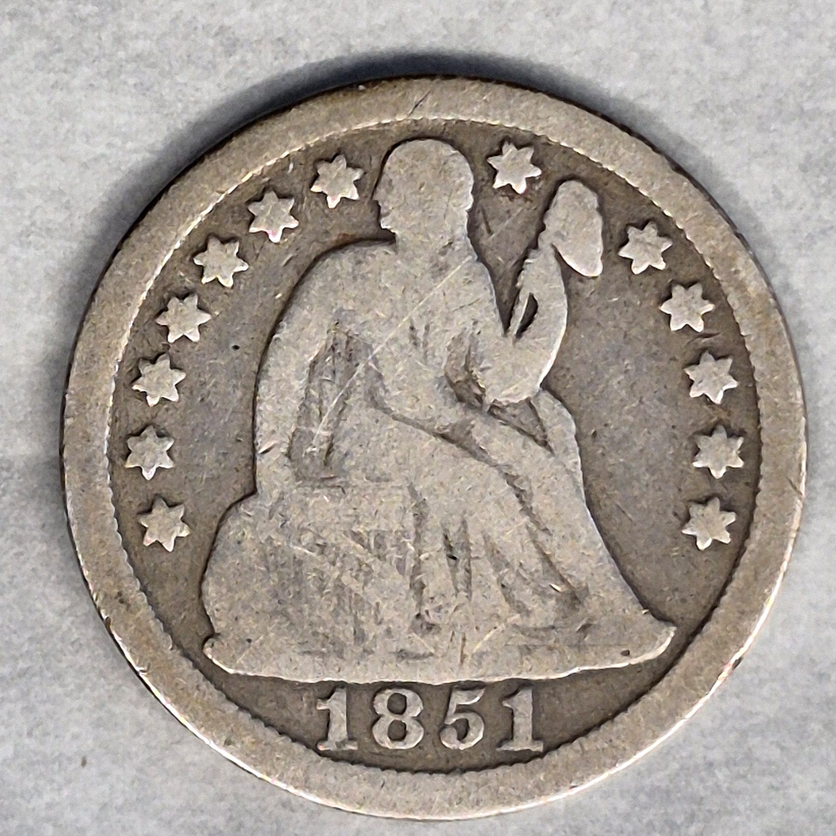 1851 Seated Liberty Dime 10C Philadelphia 90% Silver Pre-Civil War Good+