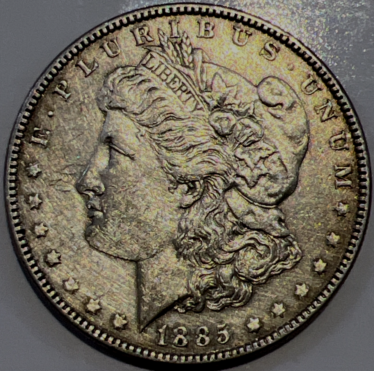 1885 P Morgan BEAUTIFUL GOLD TONING 90% Silver $1 Dollar SHARP Great Strike