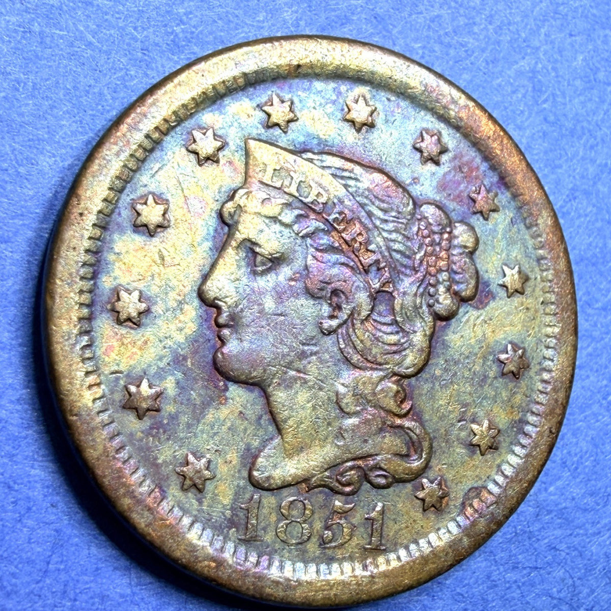1851 Braided Hair Large Cent 1C AU Rainbow Toned Super Toner Copper US Coin