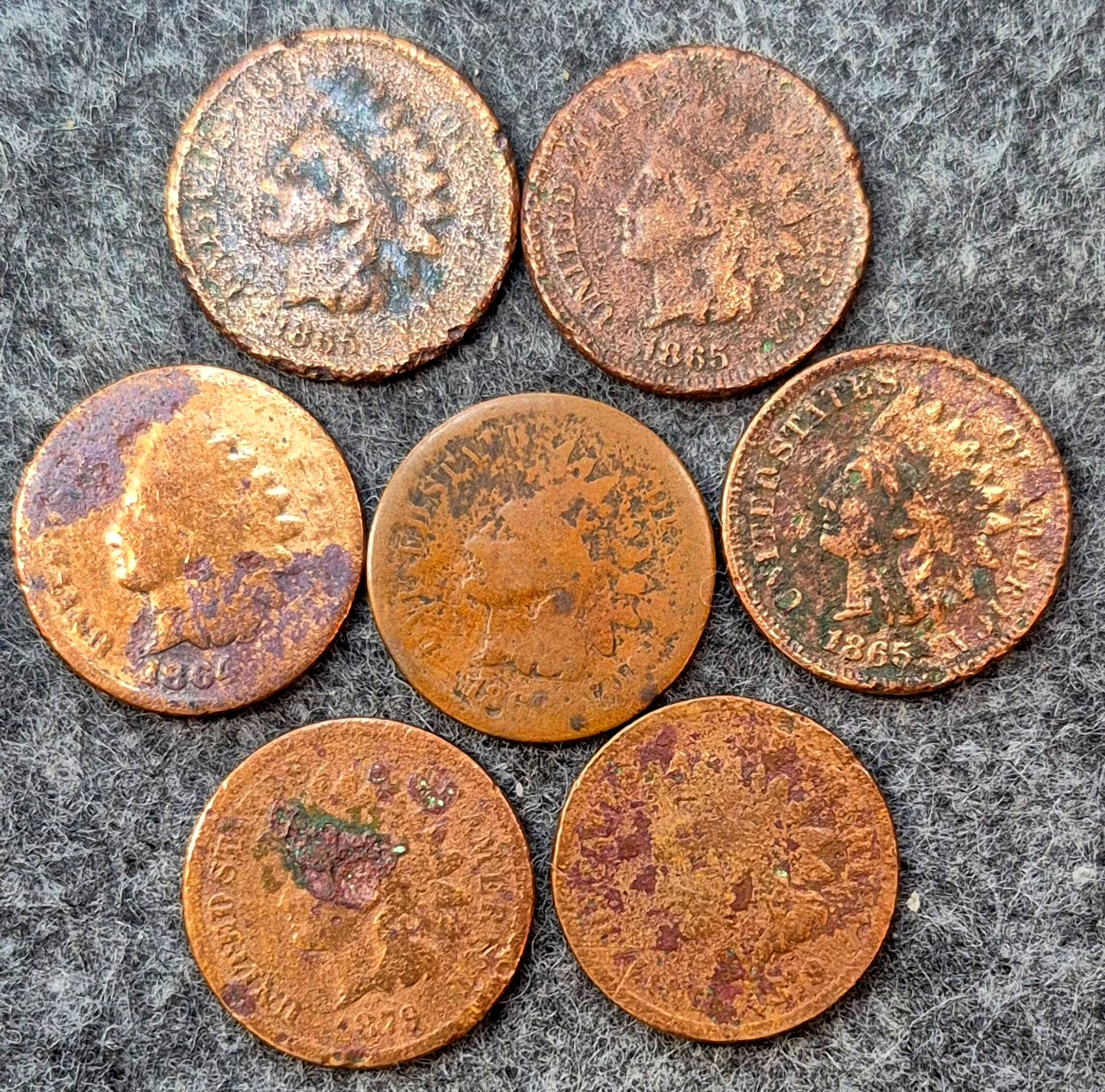 Lot (7) 1864-65-68**-78*-79 Indian Head Cents AG or Less Features Coins Shown