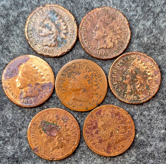 Lot (7) 1864-65-68**-78*-79 Indian Head Cents AG or Less Features Coins Shown