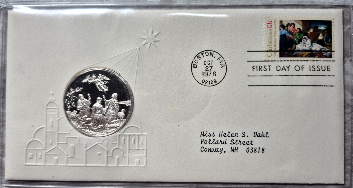 1976 Postmasters of America Christmas Nativity Sterling Silver Proof Medal FDC