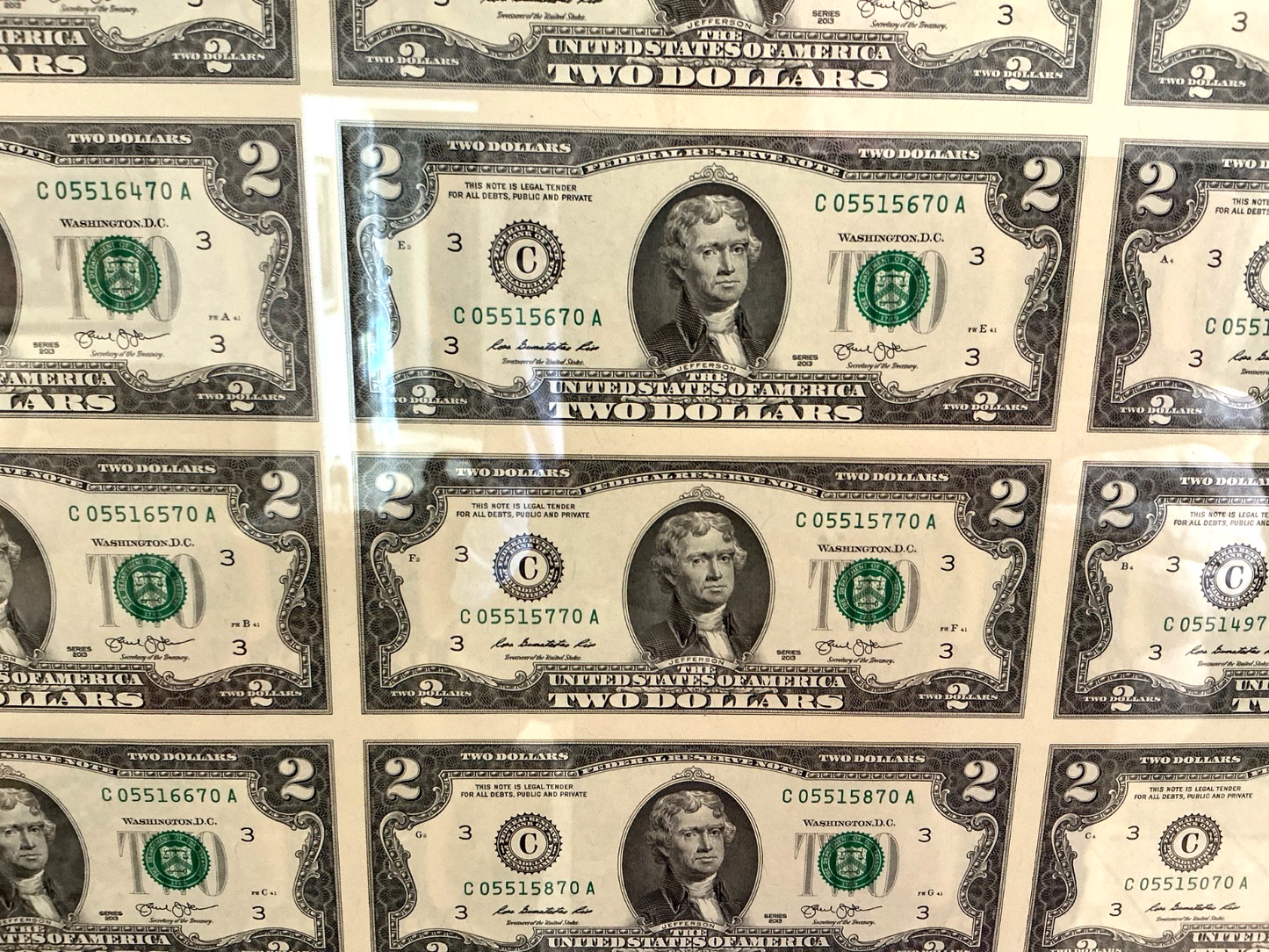 32 ~ $2 Dollar Bills Uncut Sheet Professionally Framed Series 2013 UNCIRCULATED