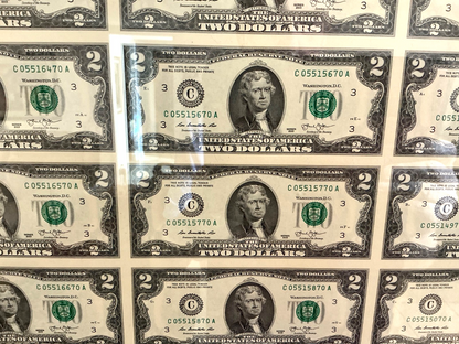 32 ~ $2 Dollar Bills Uncut Sheet Professionally Framed Series 2013 UNCIRCULATED