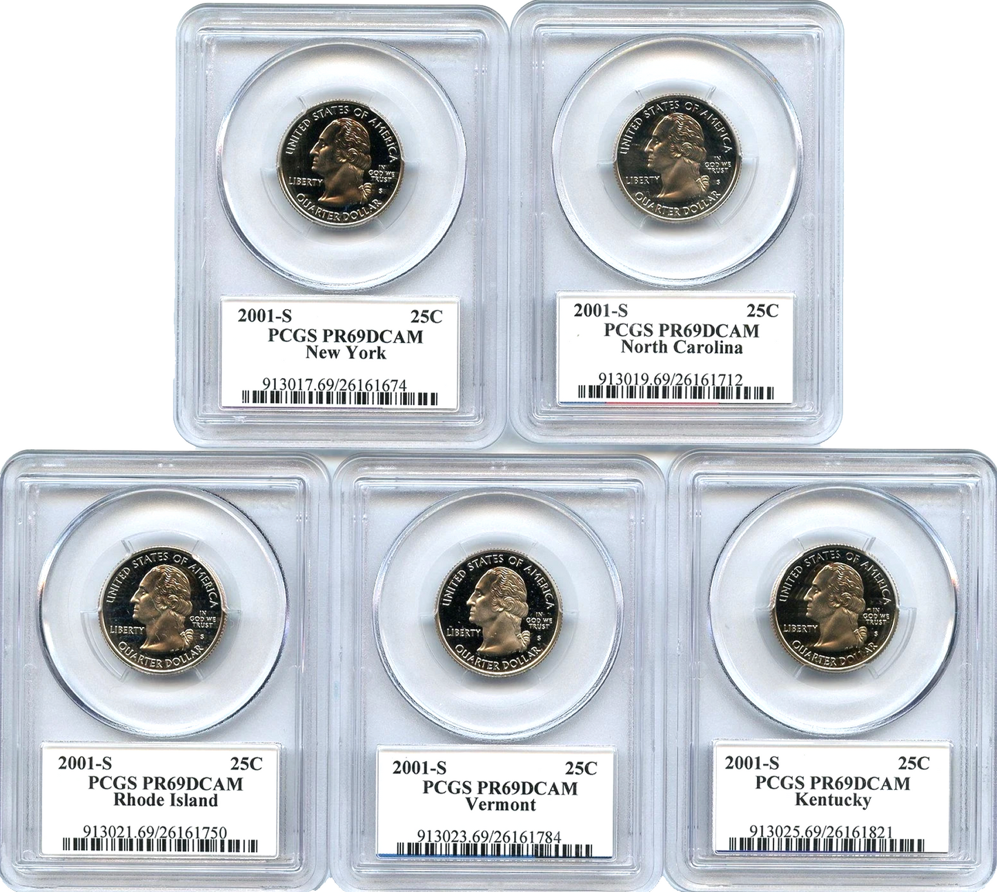 🔥 2001 S 5 Coin State Quarter Set PCGS PR69DCAM NY NC RI VT KY Flag Labels