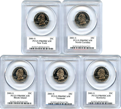 🔥 2001 S 5 Coin State Quarter Set PCGS PR69DCAM NY NC RI VT KY Flag Labels