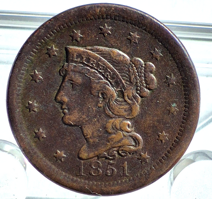1851 Coronet Large Cent Braided Hair N5 R3 Strong Very Fine Features 1C
