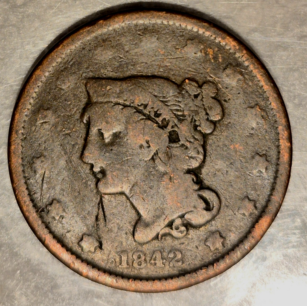 1842 Braided Hair Large Cent Small Date VG Features 1C Coin Shown