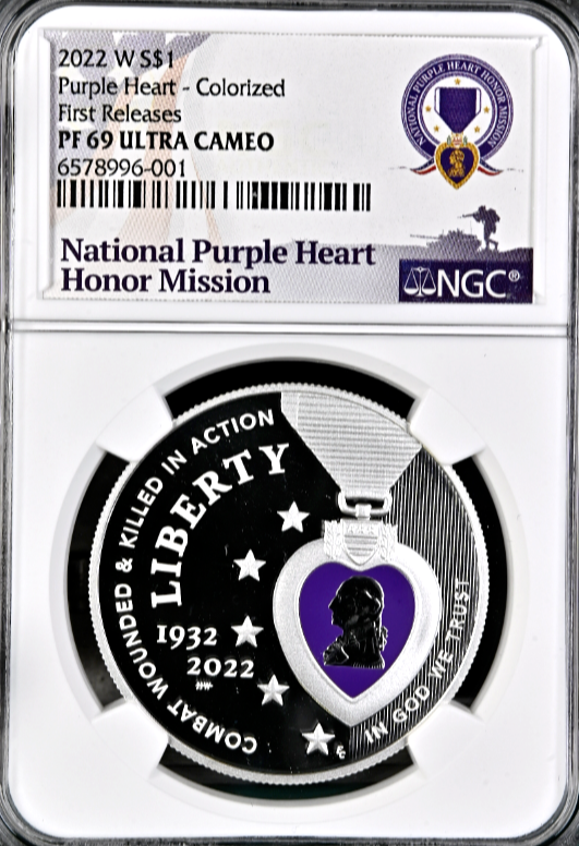 💜2022 W Colorized Purple Heart Silver Dollar NGC PF69 Ultra Cameo First Release